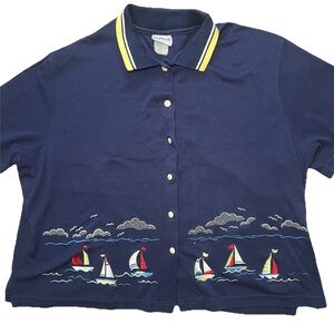 Vintage 90s BonWorth Embroidered Sail Boats Button Up‎ Shirt Women’s XL Nautical